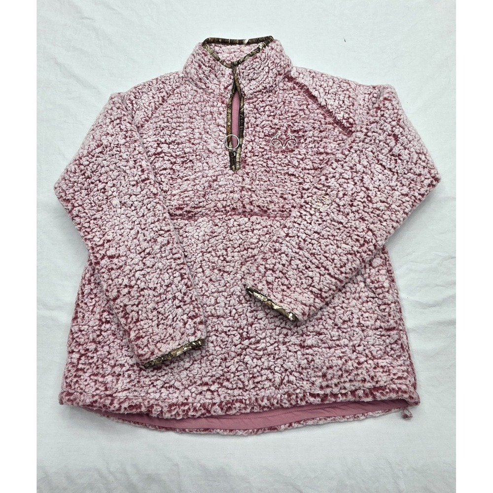 Realtree 1/4 Zip Sweatshirt Women L Pink Sherpa Camo Trim Cozy Outdoor Pullover